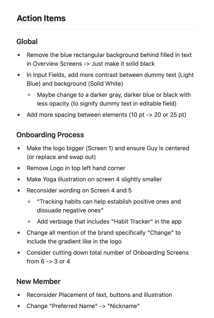 first page of action items taken in usability testing