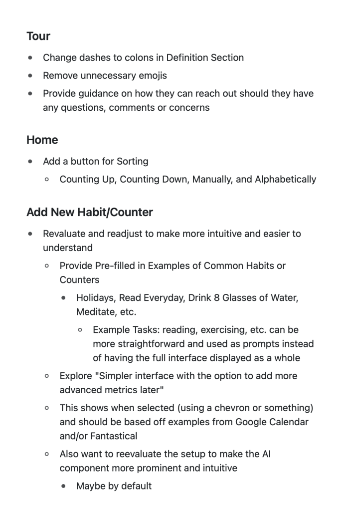 second page of action items taken in usability testing