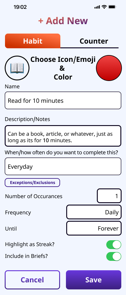 user interface to add a habit example