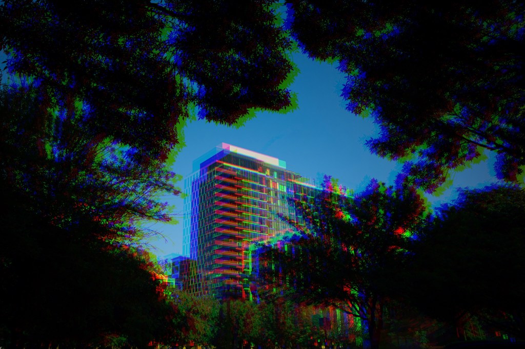 Photo of the Milieu apartment complex in the West Loop in Chicago, IL with glitch effect
