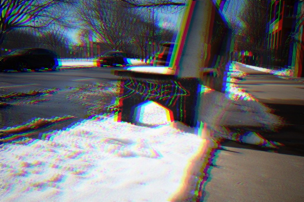 Glitch effect applied to photo of park bench on Montrose Ave. in Chicago, IL