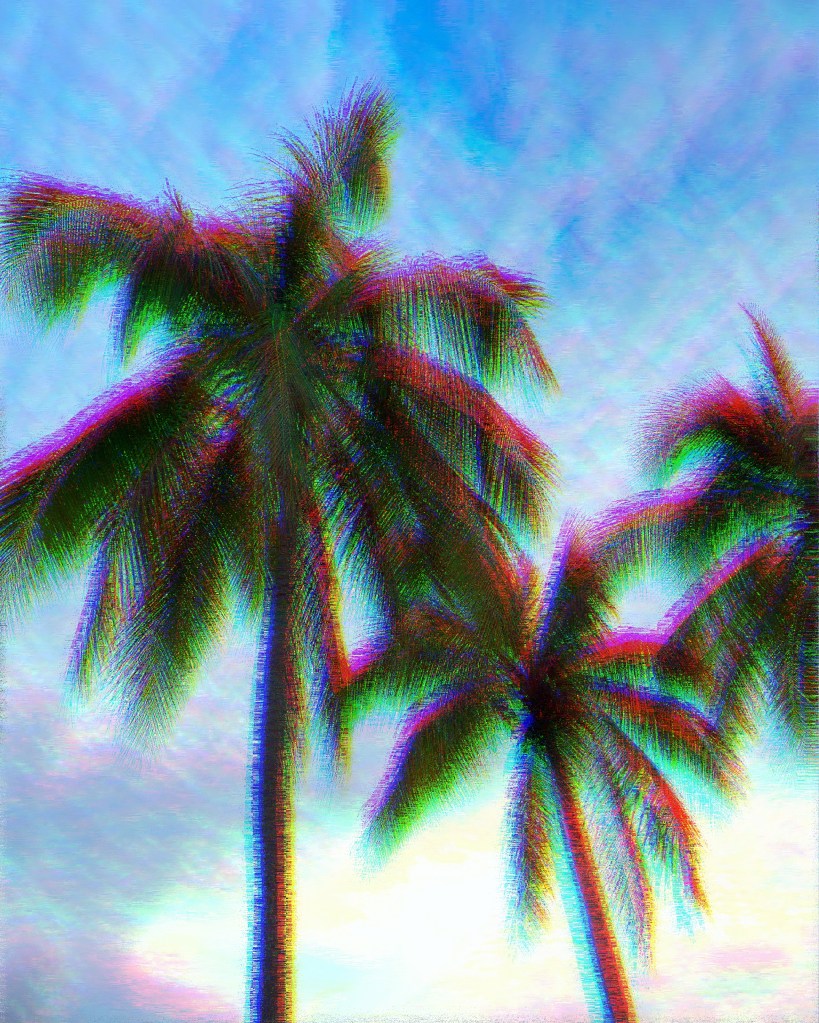 Glitch effect applied to photo of photo of palm trees